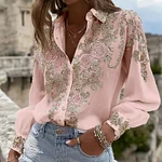 Women's Pink Rose Embroidery Art Long Sleeve Linen Blend Shirt - Image 3