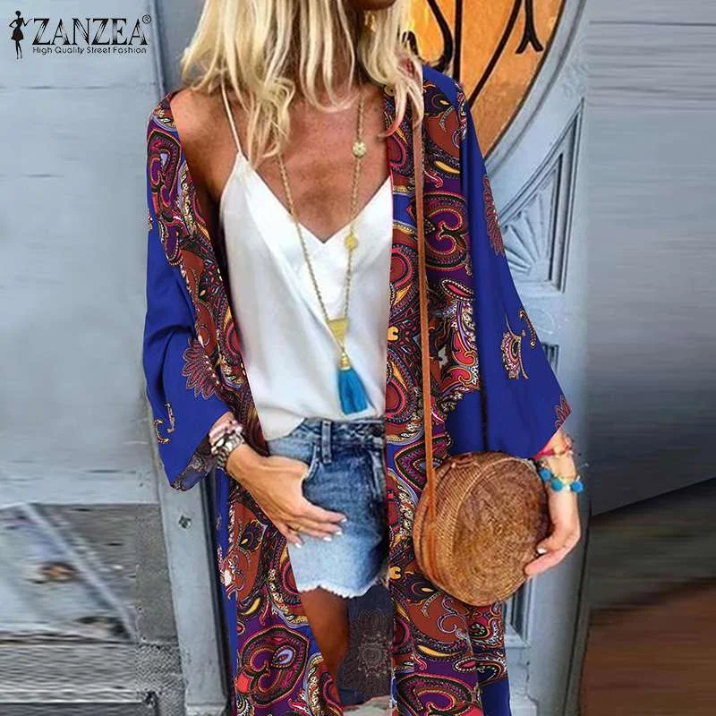 Summer Bohemian Beach Cardigan Women Long Sleeve Floral Blouse Casual Vocation Shirt ZANZEA Long Sleeve Open Front Retro Kimono