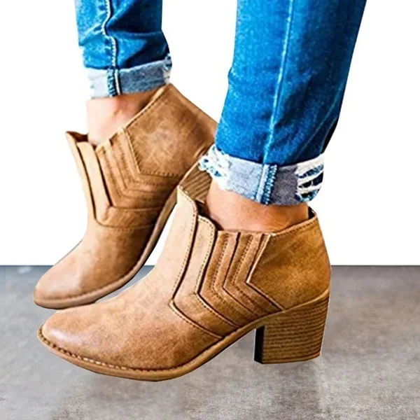 Vintage Women's Autumn and Winter Casual Leather Boots Thick Low Heel Short Boot Ankle Booties