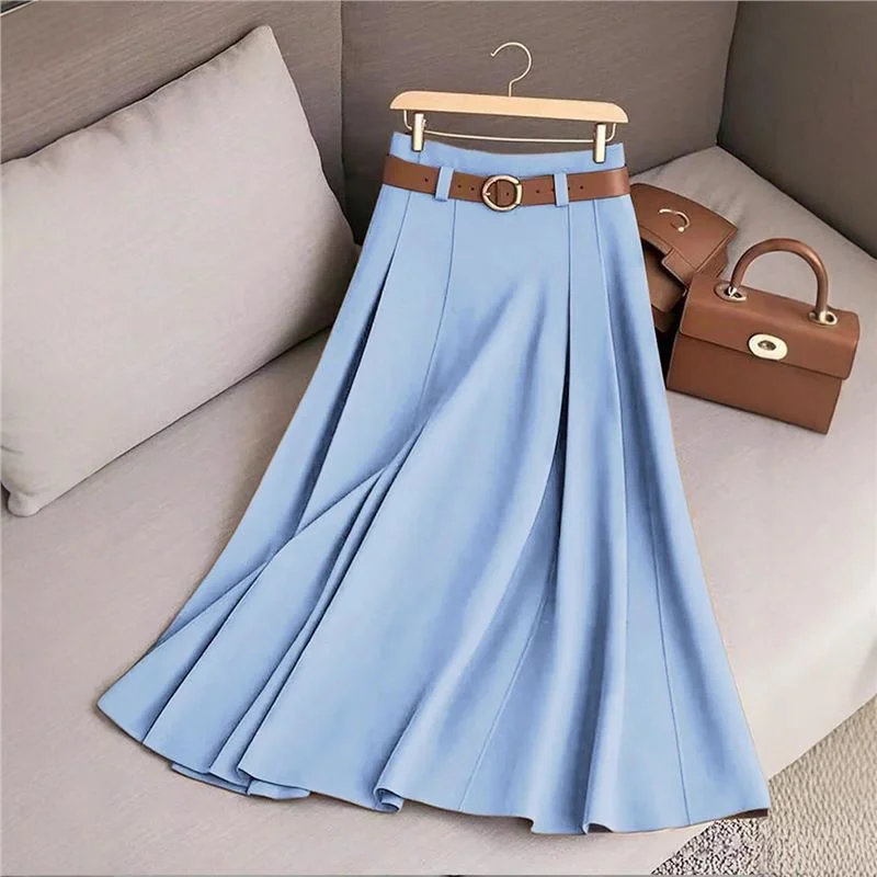 Athvotar Athvotar Women's Spring And Autumn Solid Color Casual Bvy Skirt With Belt