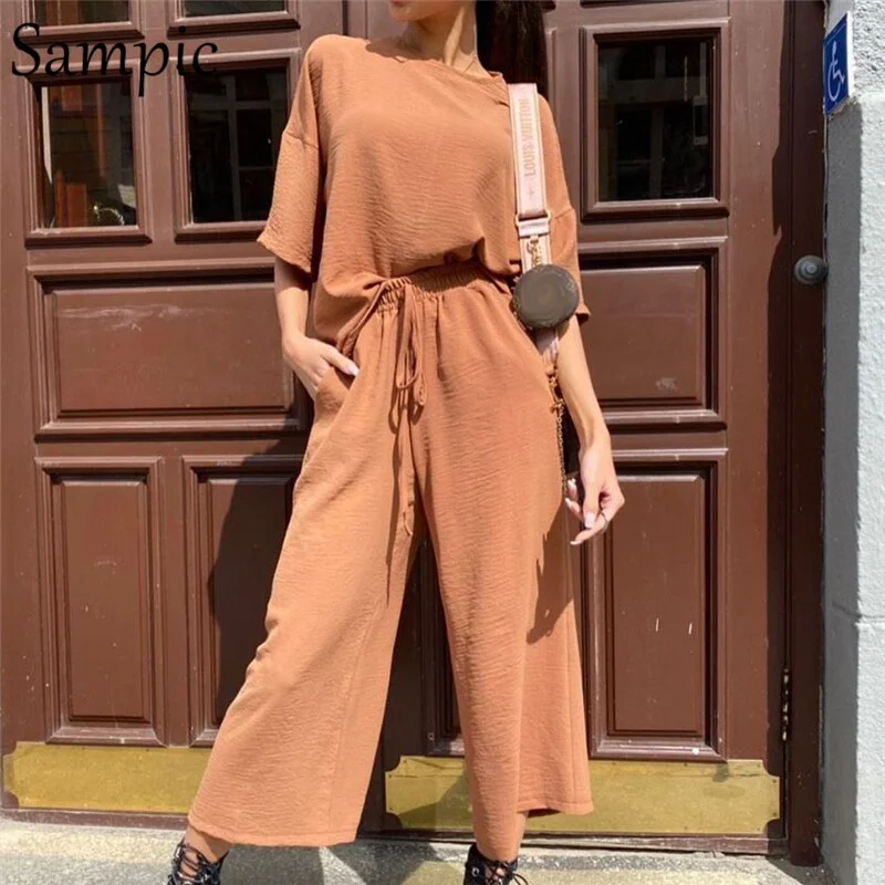 Sampic Sexy Fashion Khaki Women Summer Casual Two Piece Set Short Sleeve Tops Shirt And Loose Beach Pants Set Bottom Suit Outfit