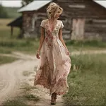 Vintage Pink Boho Floral Art V Neck Flowy Linen Maxi Dress - Image 2