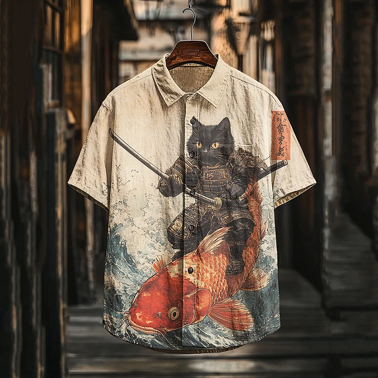 Men's Black Cat Warrior Riding Koi Art Casual Short Sleeve Shirts
