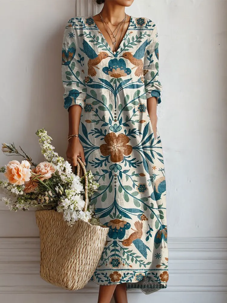 Women's Vintage Flower Art Print Linen Pocket Dress