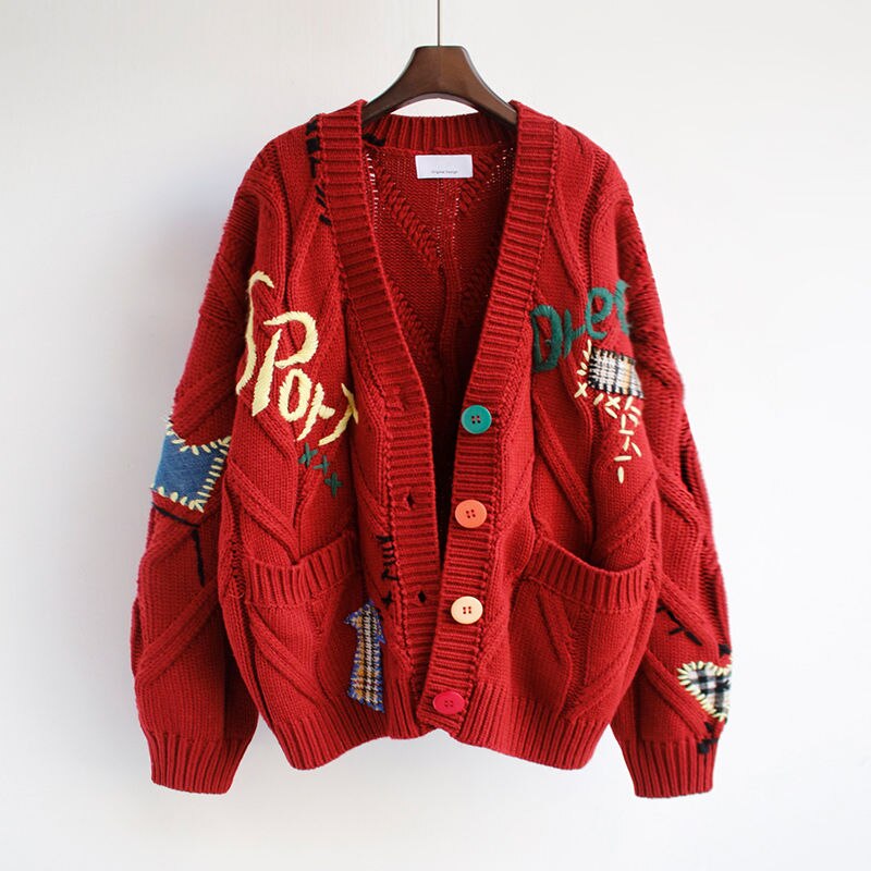 Autumn and Winter Women's Warm Cardigan Knit Sweater Jacket Pocket Embroidery Fashion Knit Cardigan Jacket Ladies Loose Sweater aliexpress Money