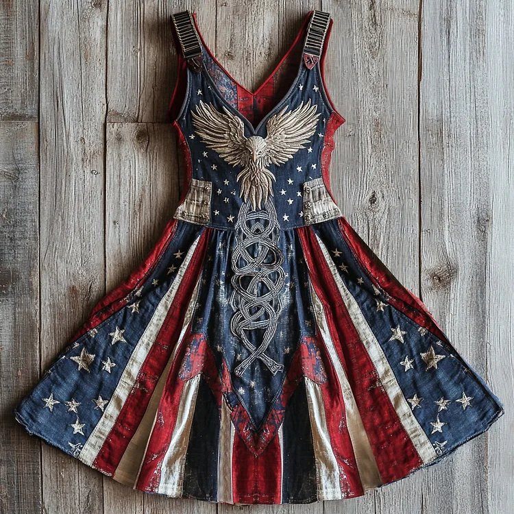 Women's Vintage Independence Day Flag Eagle Celtic Knot Embroidery Art Linen Tank Dress