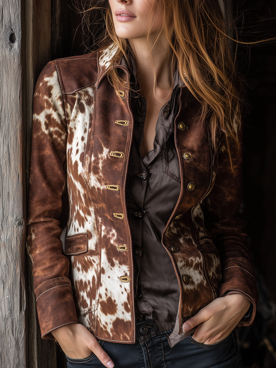 Vintage Button Cow Skin Printed Faux Suede Jacket