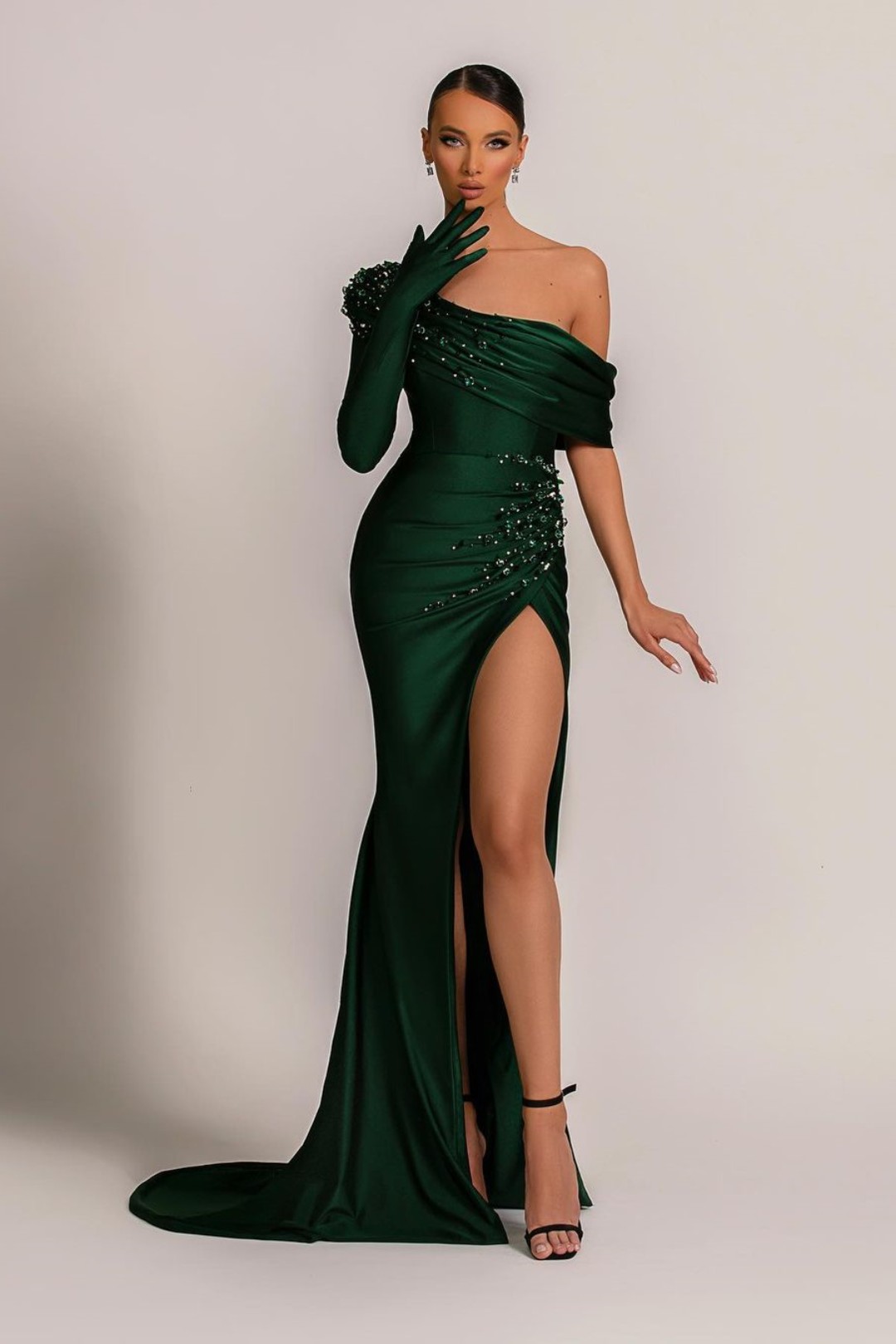 Emerald Green Evening Dress One Shoulder With Pearl Split YL0148