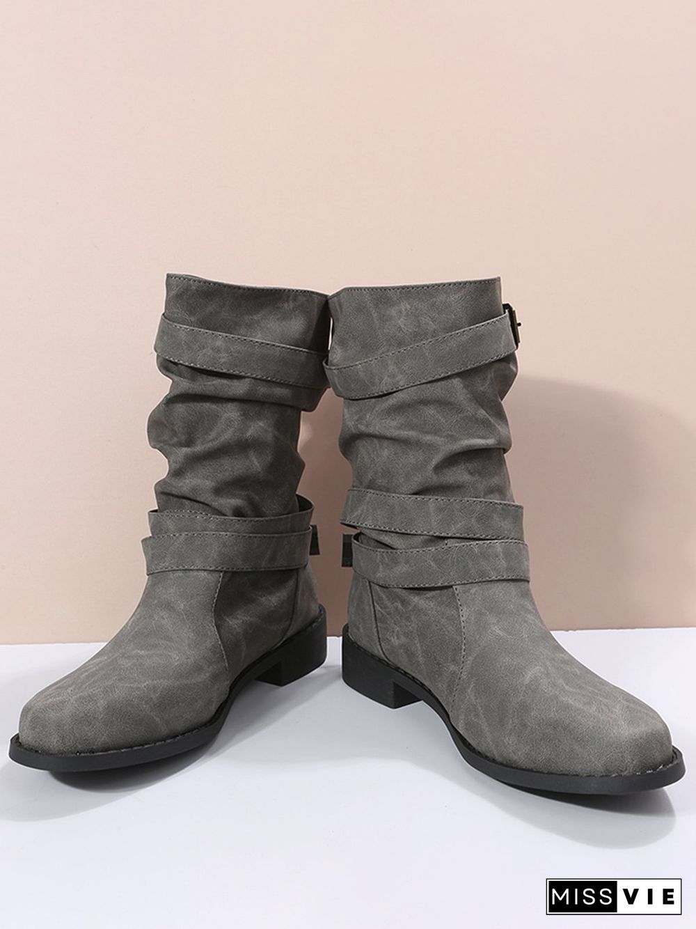 Ruched Buckle Casual Leather Booties