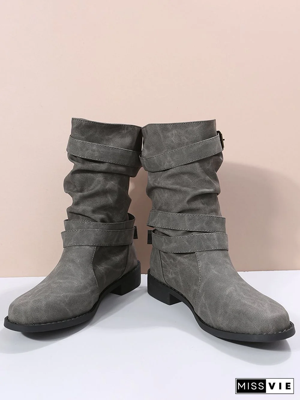Ruched Buckle Casual Leather Booties