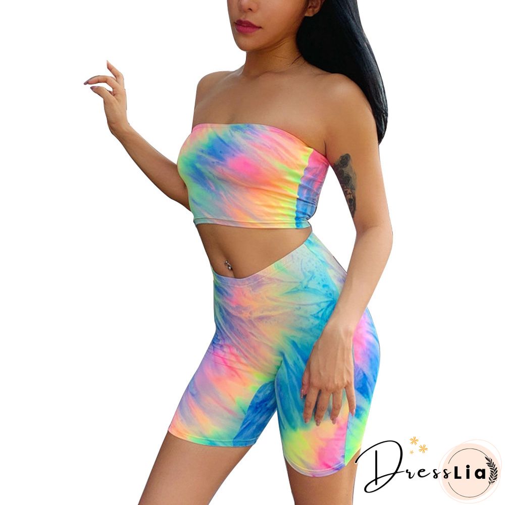 Summer Women Outfits Two Pieces Set Tie-dye Print Tube Top Shorts Casual Off Shoulder