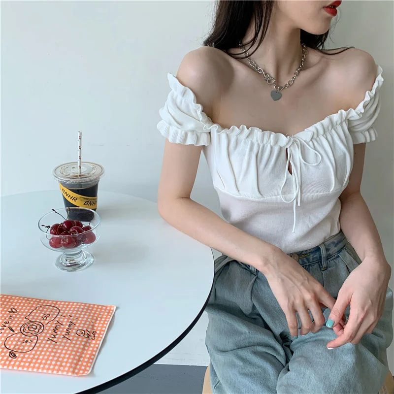 Uveng Uveng Short-Sleeved T-Shirt On The Shoulder Of The Female In Summer New Square Collar Draw Rope Wearing A Short Brooch Jersey
