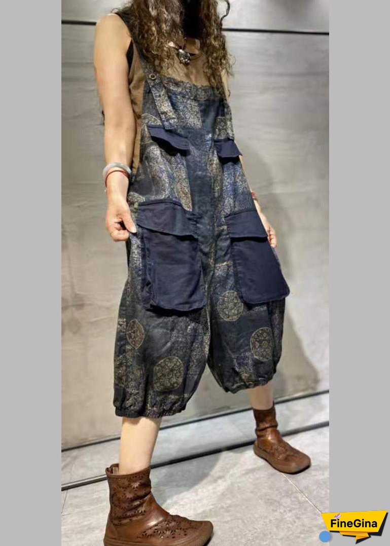 Plus Size Blue Print Oversized Pockets Patchwork Cotton Denim Jumpsuit Summer