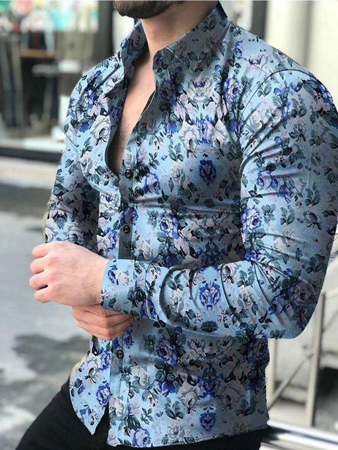 men's casual long-sleeved floral shirt