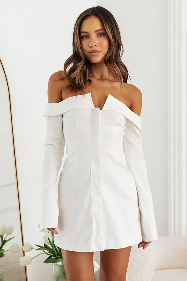 Off Shoulder Irregular Neck Long Sleeve Slim Fit Mini Dresses-White [Pre Order]