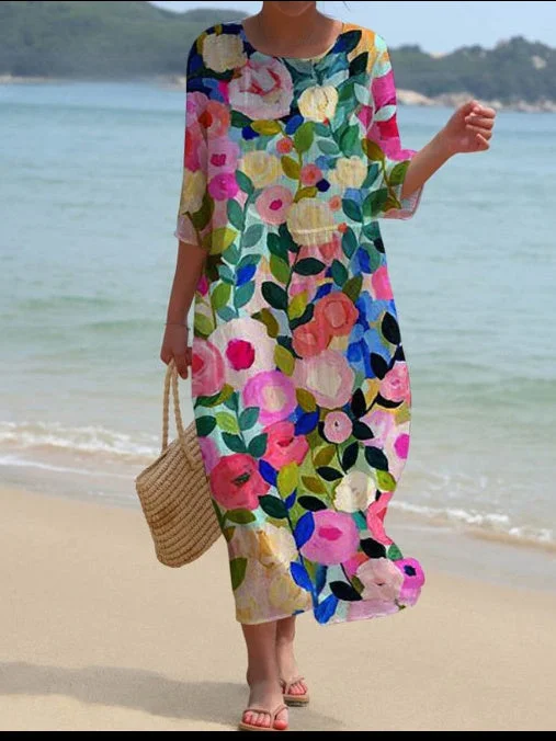 Women's 3/4 Sleeve Scoop Neck Graphic Printed Midi Dress