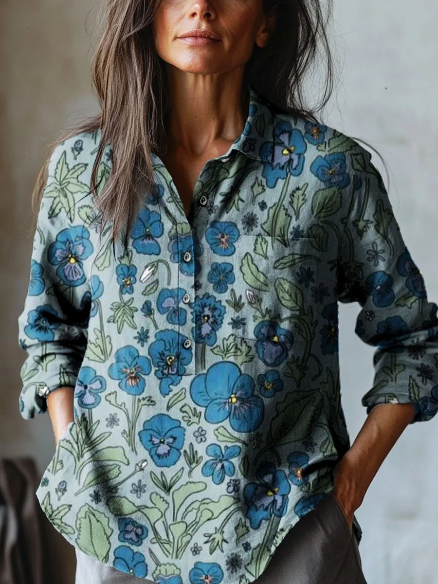 Women's Vintage Floral Art Print Casual Cotton And Linen Shirt