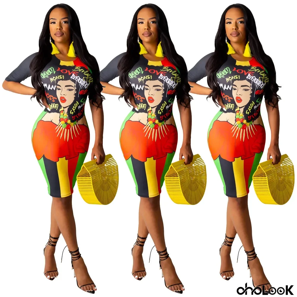 Character Print Short Sleeve Bodycon Dress