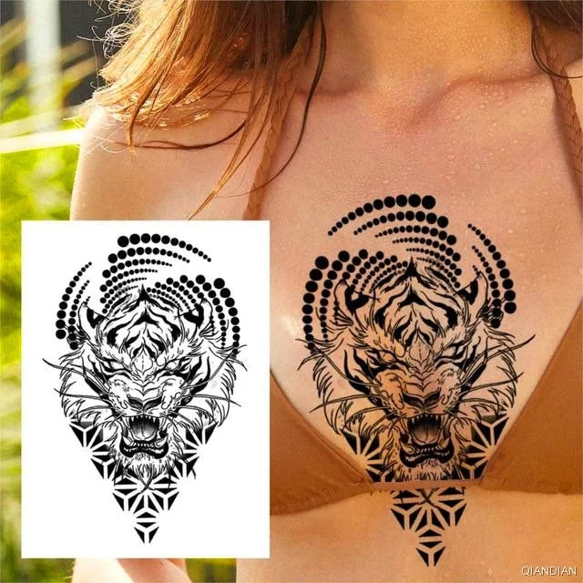 Large Tiger Lion Black Flower Fake Tattoo Sticker For Women Rose Fox BirdTemporary Tattoos DIY 3D Water Transfer Tatoos Girl Man
