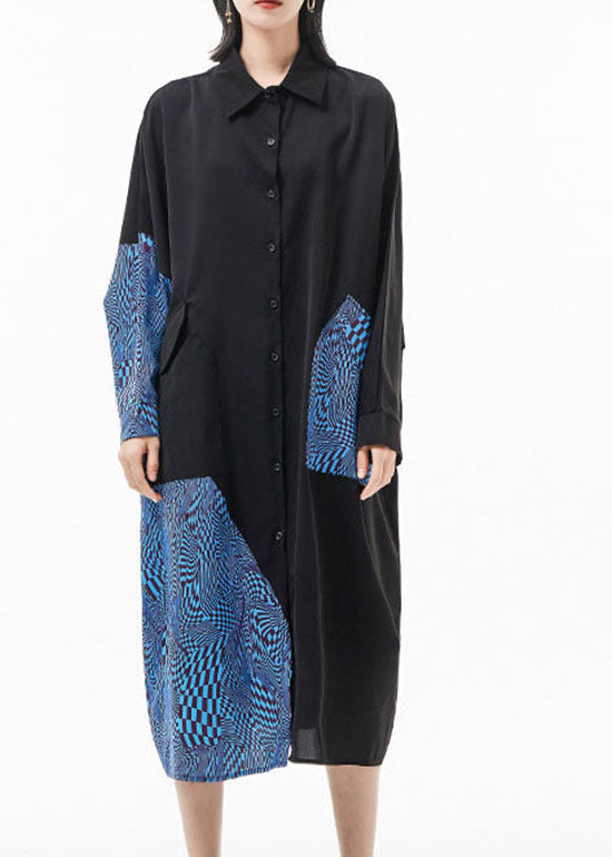 VCSHOES blue Peter Pan Collar Batwing Sleeve Patchwork Silk shirt Dresses