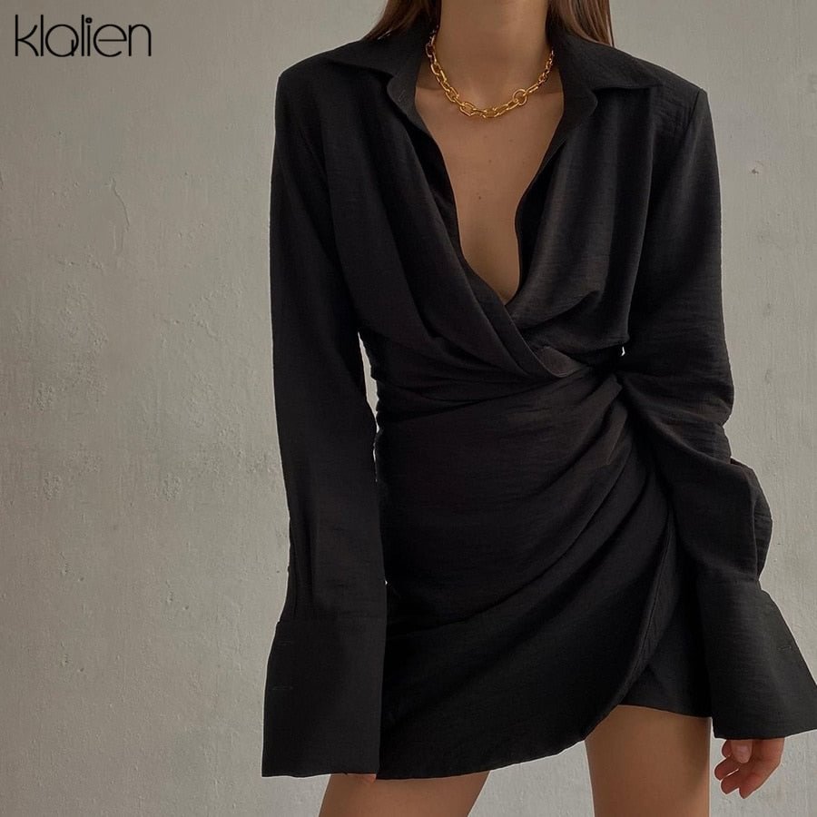 KLALIEN Fashion Sexy Low Chest V Neck Long Sleeve Shirt Dress For Women Autumn 2021 New Simple Solid Slim Mini Bodycon Dress