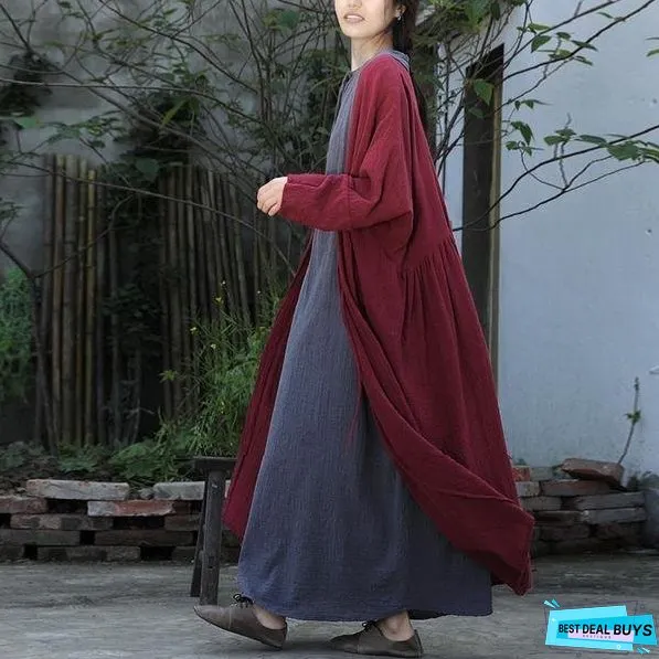 Women Vintage Cotton Linen Trench Patchwork New V-Neck Bat Sleeved Female Casual Trench Coats