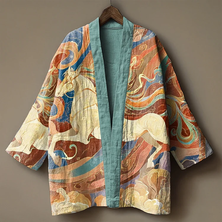 Japanese Art Embroidered Printed Linen Cardigan Kimono