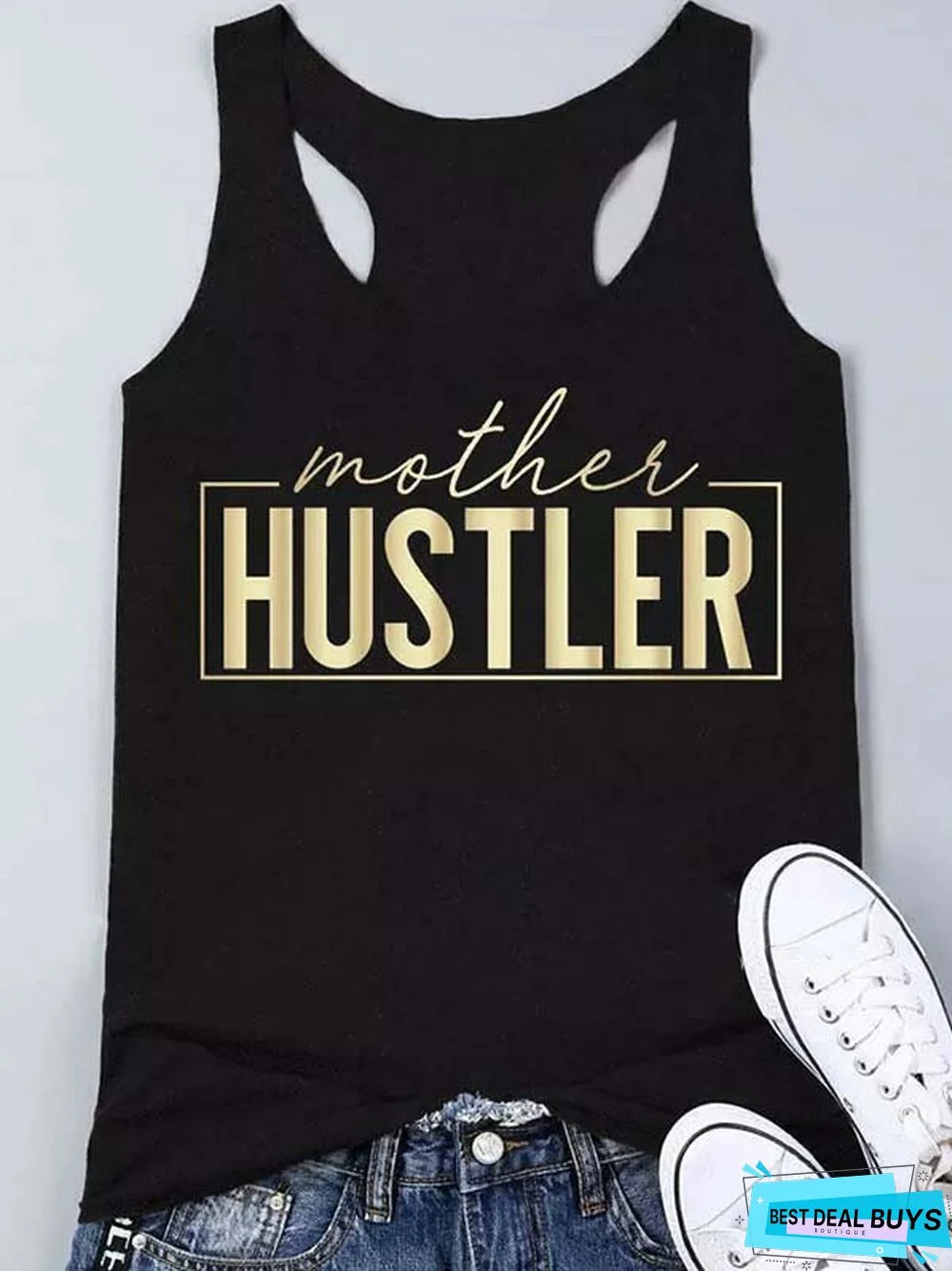 Letter Cotton-Blend Sleeveless Casual Shirts & Tops