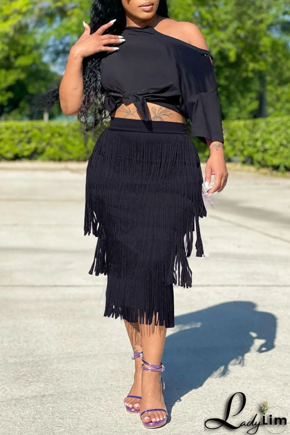 Tangerine Casual Solid Tassel Split Joint Asymmetrical Asymmetrical Collar Short Sleeve Two Pieces