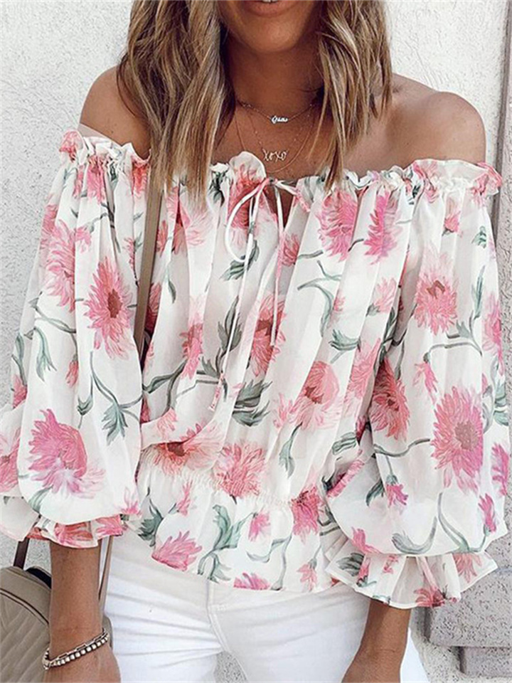 Summer Elastic Lacing A Neck Strapless Chiffon Shirt Loose Type Comfortable Leisure Bubble Sleeve Printed Chiffon Shirt Female