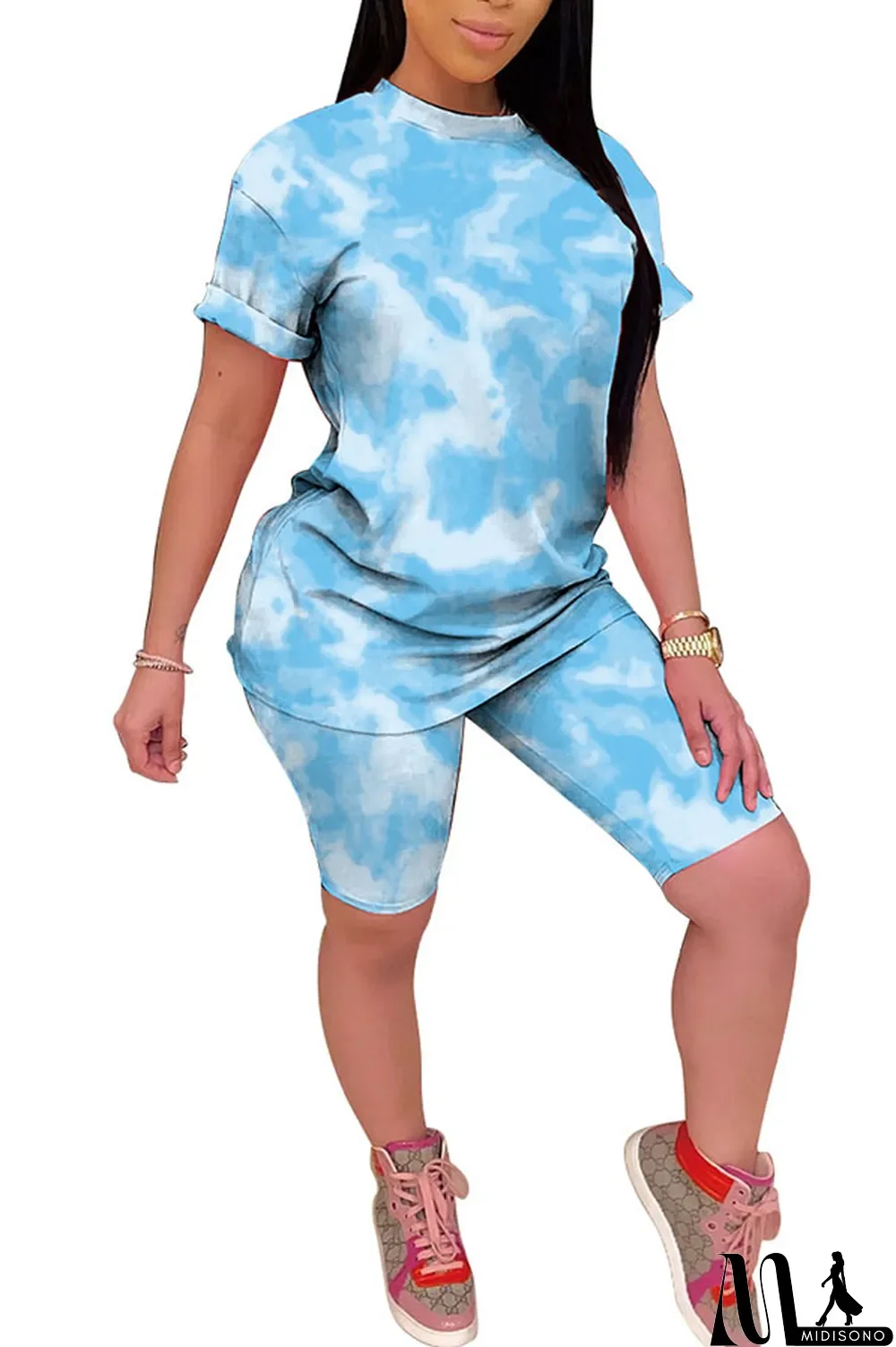 MidiSono - Light yellow Polyester Fashion Casual Print Gradient Two Piece Suits pencil Short Sleeve Two Pieces