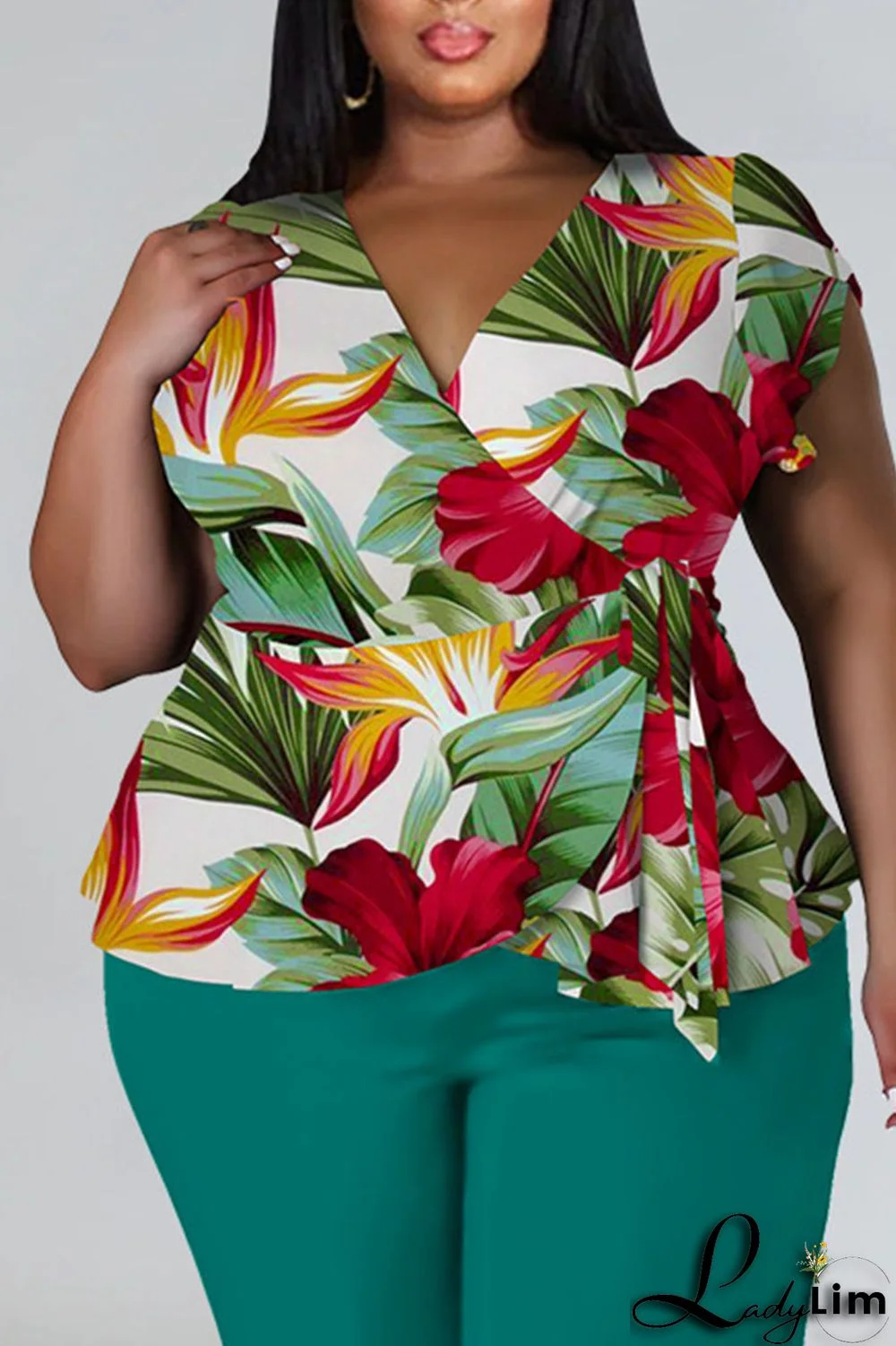 Red Casual Print Bandage Patchwork V Neck Plus Size Two Pieces