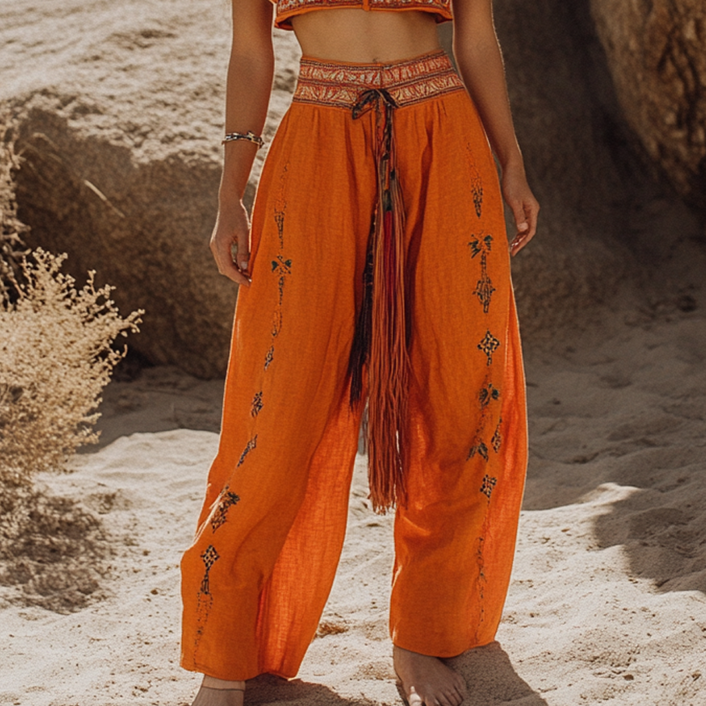 Bohemian Linen Print Ethnic Holiday Casual Pants