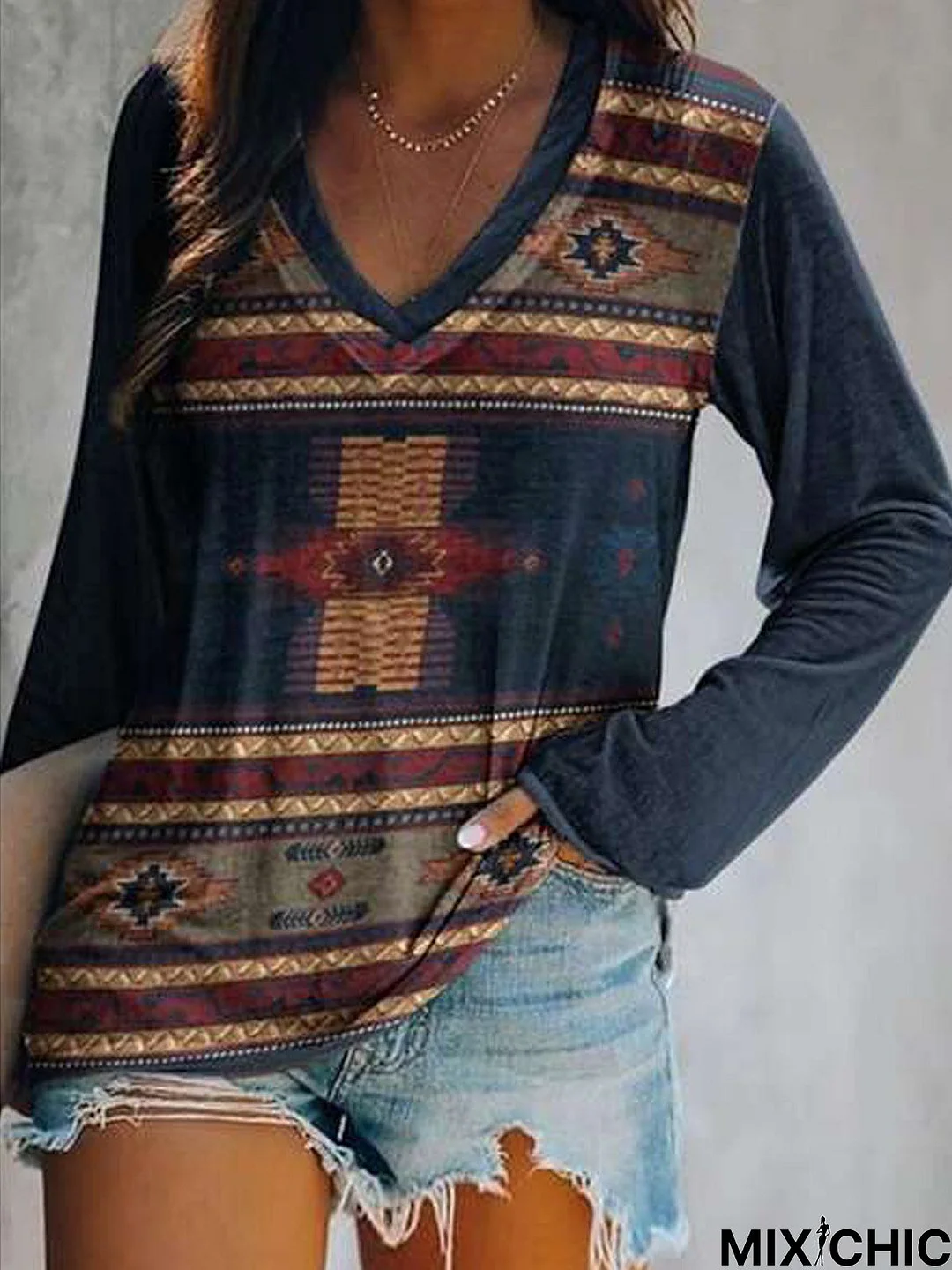 Ethnic V Neck Jersey Casual T-Shirt