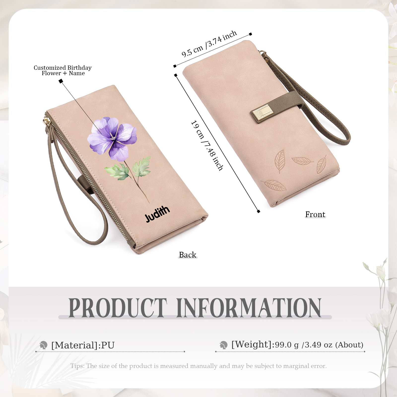 Personalized Exquisite Women'S Wallet Customized Birth Flowers And Name Zipper Women'S Wallet