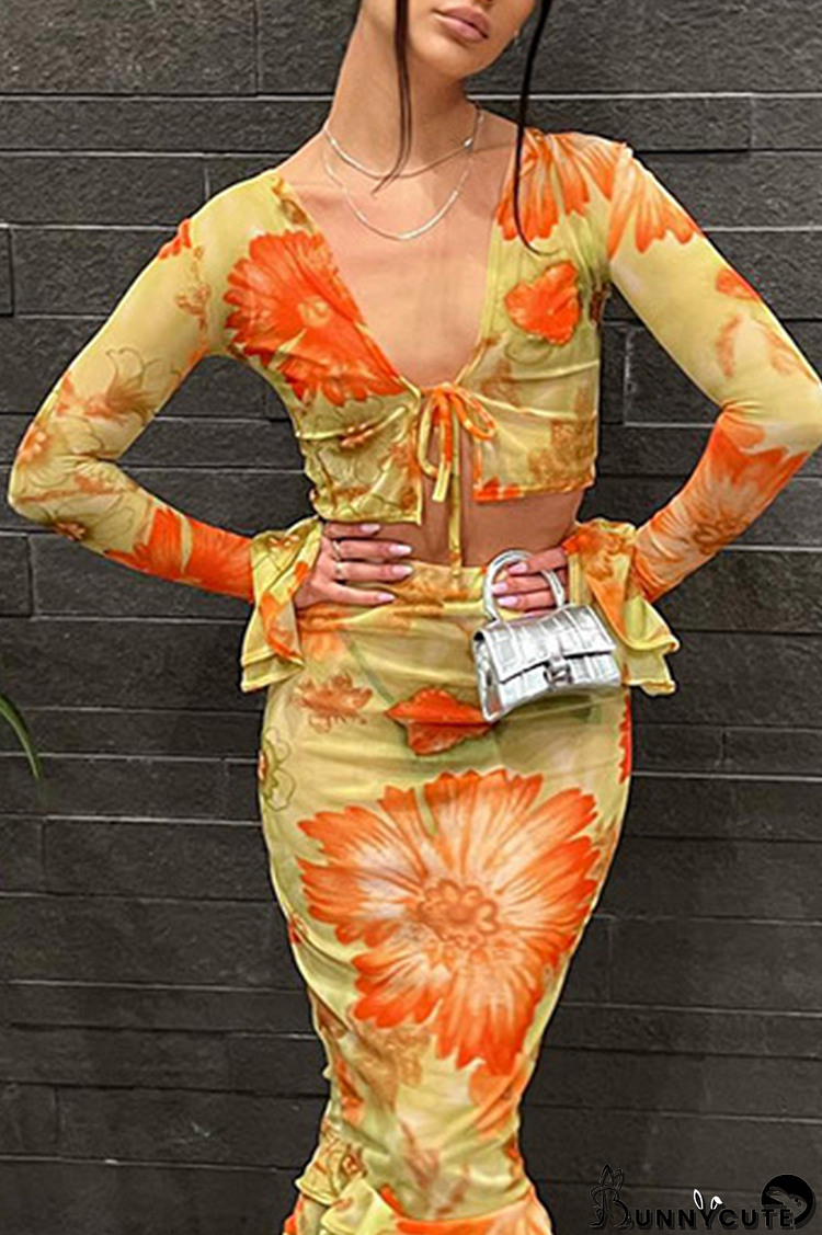 Yellow Fashion Print Split Joint V Neck Tops