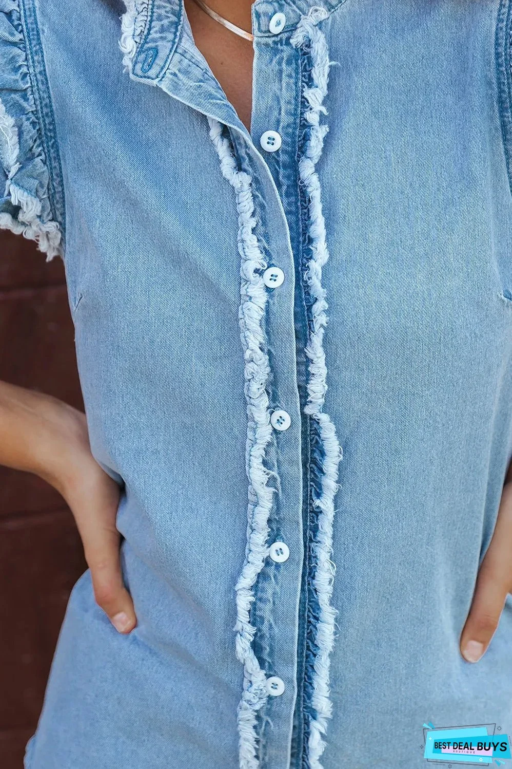 Beau Blue Button Front Ruffled Flutter Frayed Denim Top