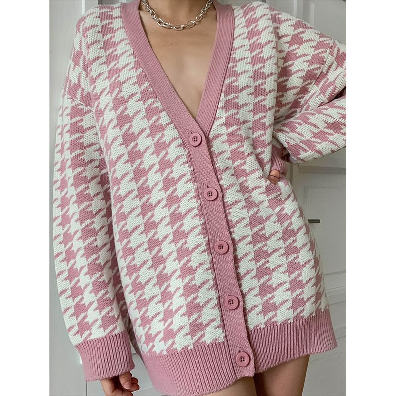 Houndstooth Printed Button Up Women’s Sweater Jacket