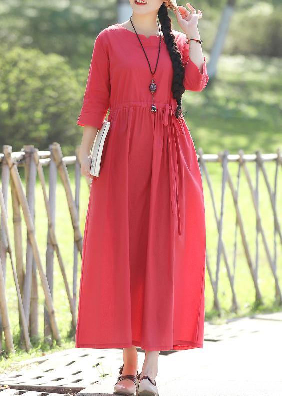VCSHOES red linen cotton dresses Indian pattern v neck Three Quarter sleeve Love Summer Dress