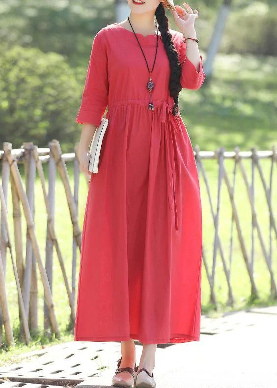 Elegant red linen cotton dresses Indian pattern v neck Three Quarter sleeve Love Summer Dress