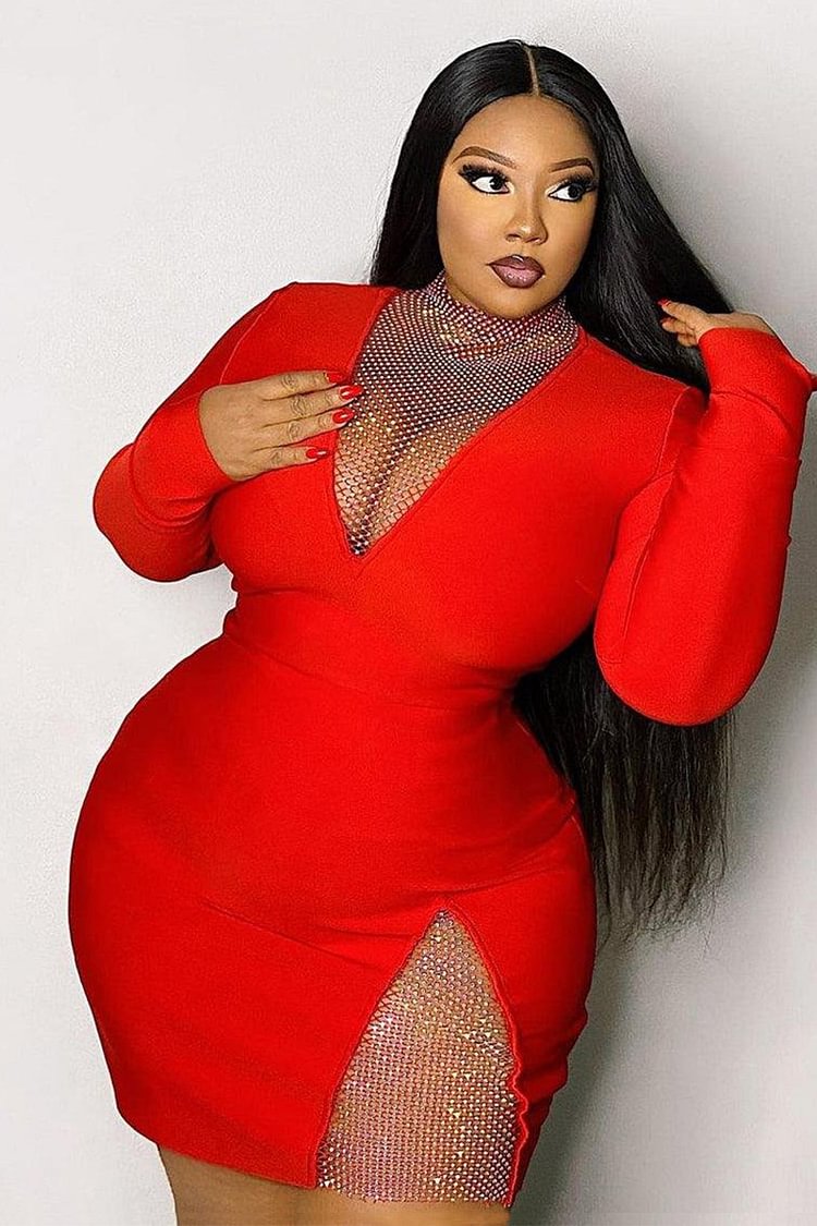 Xpluswear Plus Size Red Sequin Stitching Bodycon Long Sleeve Mini Dresses