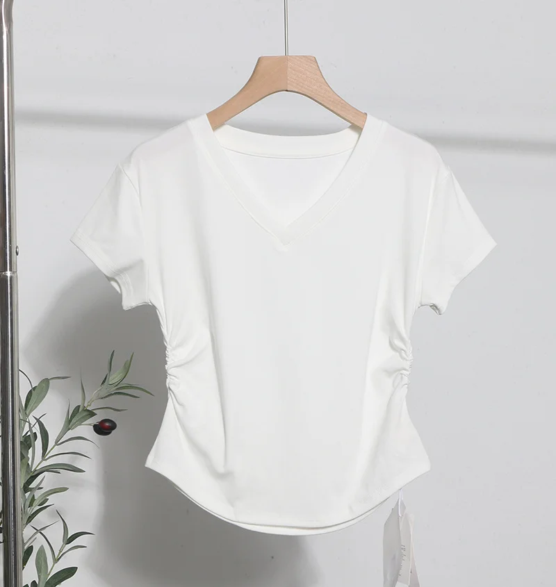 Uveng Recommended For The Summer V-Neck Front Shoulder Short-Sleeved T-Shirt For Girls Slimming Hottie Drawstring Irregular Top 2899