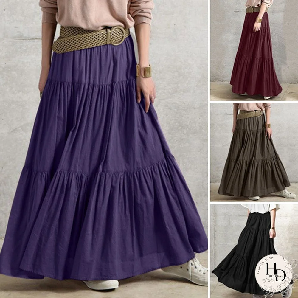 Women Elastic Waist Summer Beach Casual Loose Long Skirts Ruffled Vintage Long Dresses