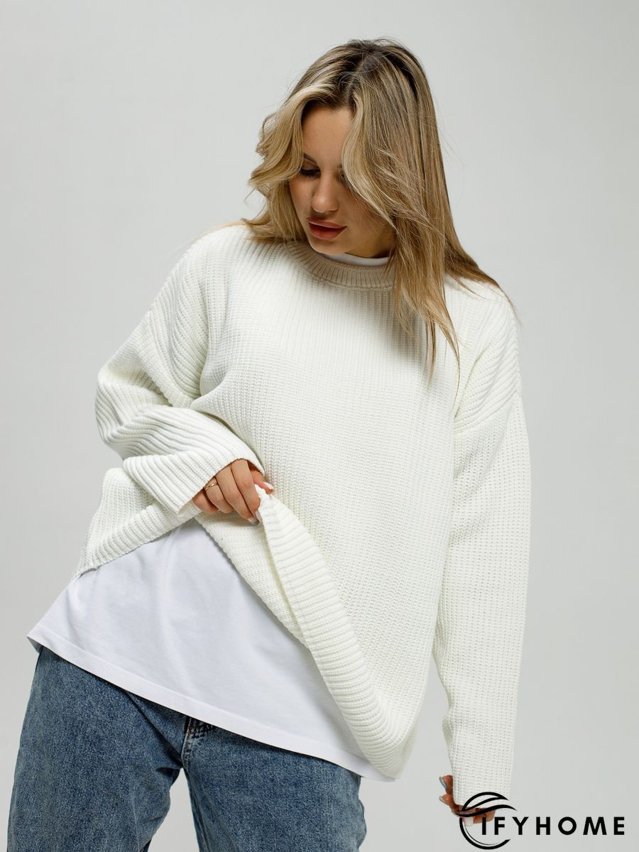 Casual Knitted Plain Round Neck Vintage Tunic Sweater Knit Jumper | IFYHOME