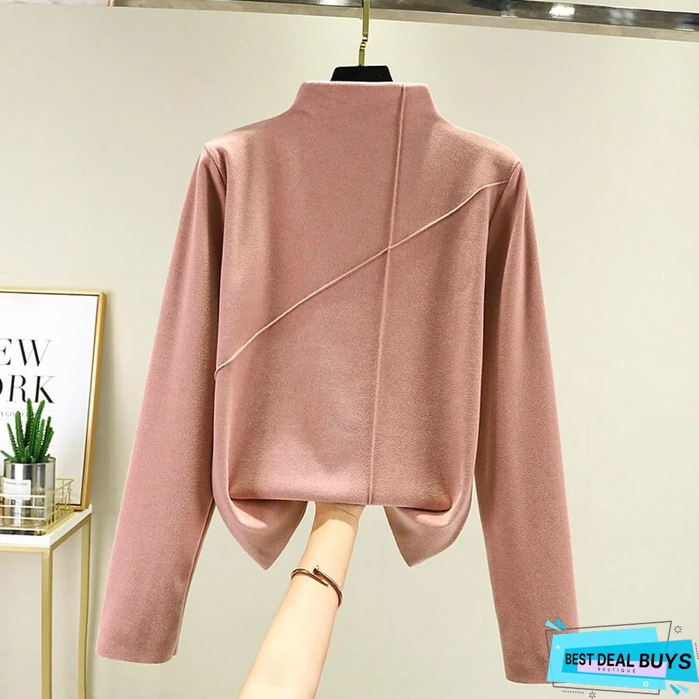 Women's T shirt Tee Light Pink dark brown A Plain Long Sleeve Daily Basic High Neck Regular Fleece lined XXL (recommended 140-160 catties)