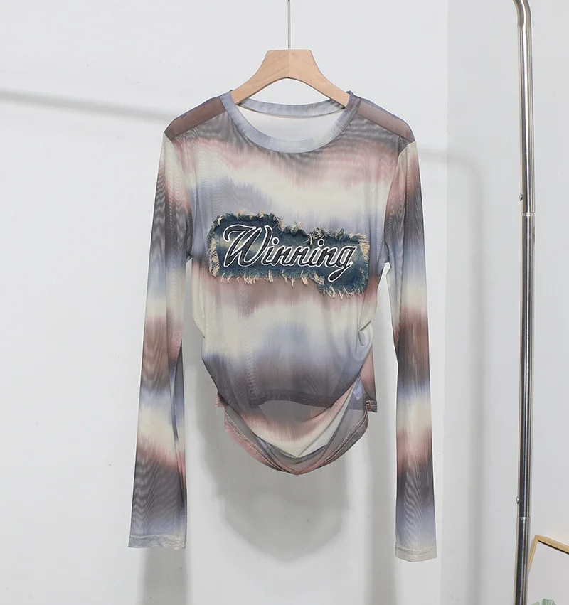 Churchf Real Shooting New Long-Sleeved Mesh Spliced Embroidered Denim Bottom T-Shirt Sun Folding Short Top 2582