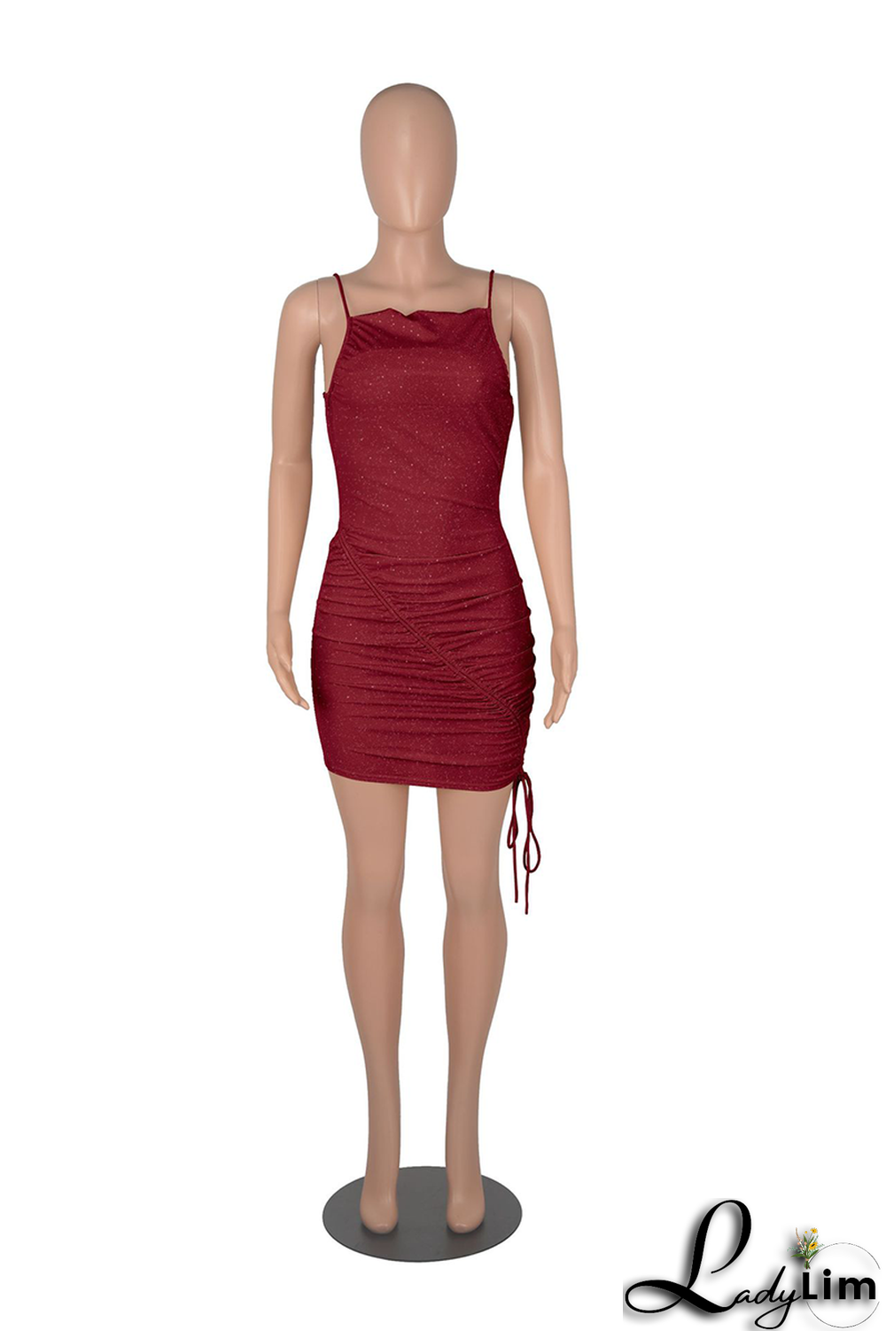 Burgundy Sexy Solid Fold Spaghetti Strap Pencil Skirt Dresses