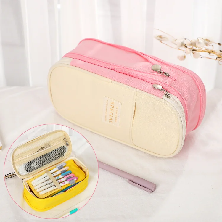 JOURNALSAY Simple Macaron Color Large Capacity Zipper Pencil Case Multifunction Student Stationery
