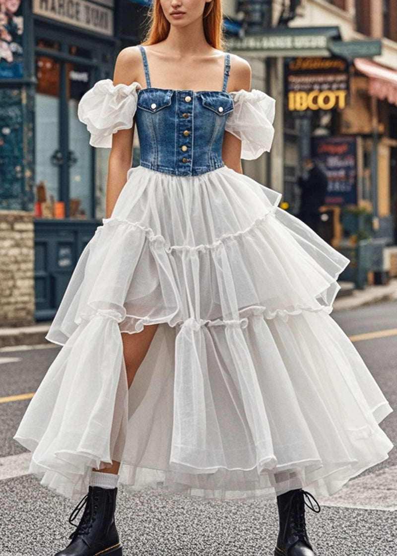 VCSHOES Puff Sleeve Patchwork Denim Tulle Spaghetti Strap Dress Summer