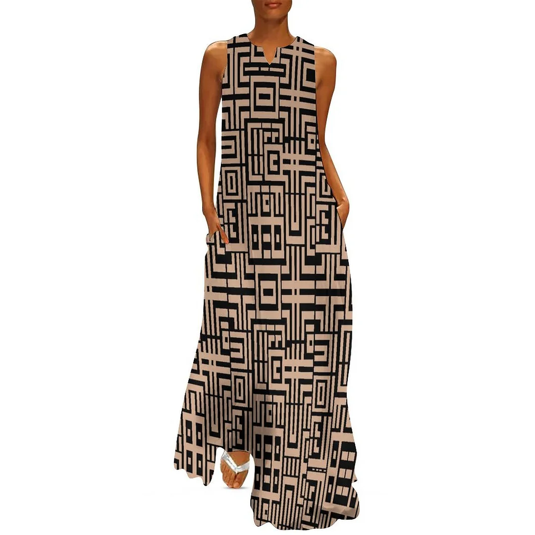 Style & Comfort for Mature Women Plus Size Printed Sleeveless Casual Women Maxi Dress with Pockets in Pattern Graphic, Brown, Black